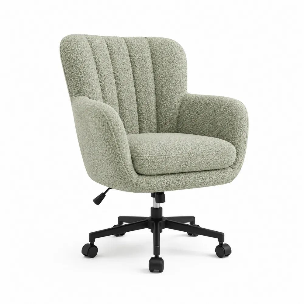 Fauteuil de bureau pivotant en tissu bouclé vert sauge et métal noir, hauteur réglable, 76 × 72 × 88–98 cm