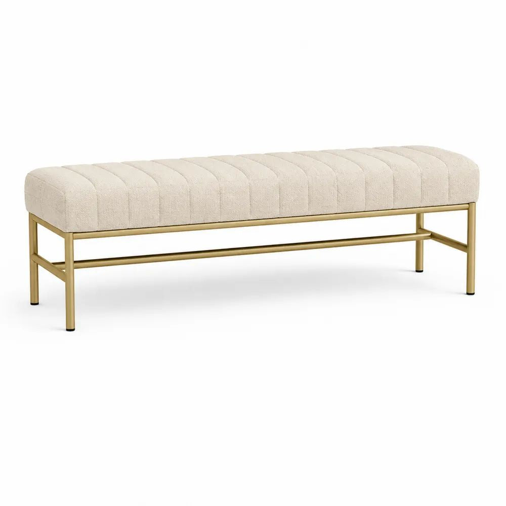 Banc rectangulaire rembourré en tissu bouclé crème et acier doré, 120 × 40 × 45 cm