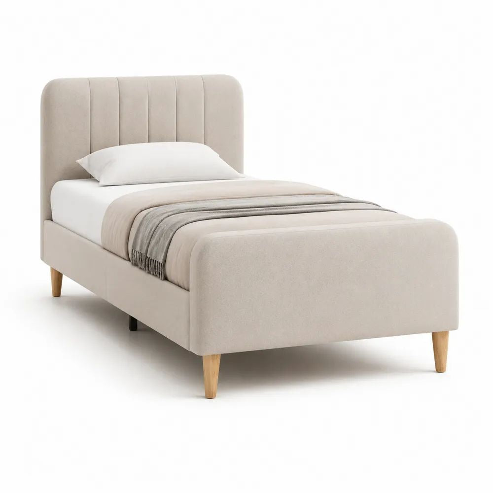 Lit simple rembourré en polyester beige avec tête et pied de lit, couchage 90 × 190 cm, dimensions 205 × 102 × 110 cm
