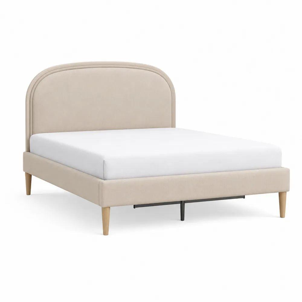 Cadre de lit double rembourré 160 × 200 cm en polyester beige avec tête de lit arrondie