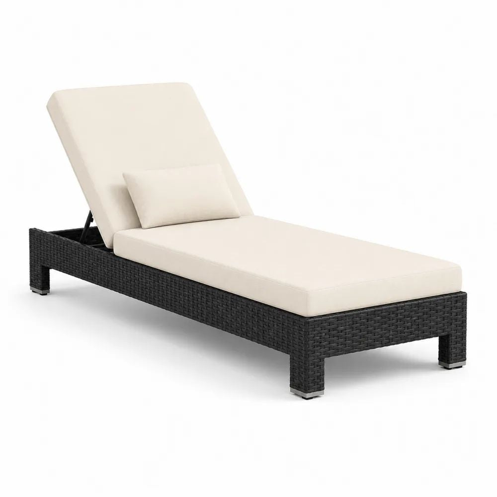 Bain de soleil de jardin réglable rectangulaire en résine tressée PE noire avec matelas et coussin crème, 198 x 65 x 95 cm
