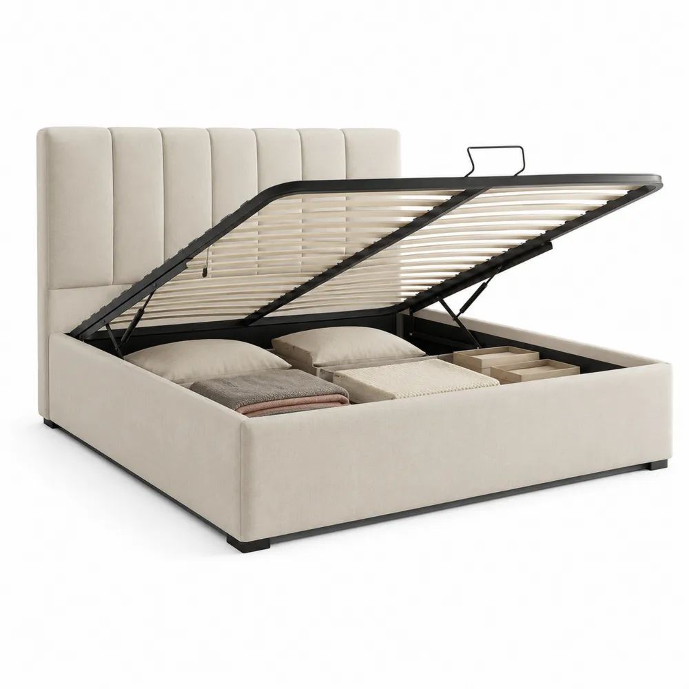Lit coffre double 160 x 200 cm en tissu beige avec tête de lit rembourrée et sommier à lattes relevable