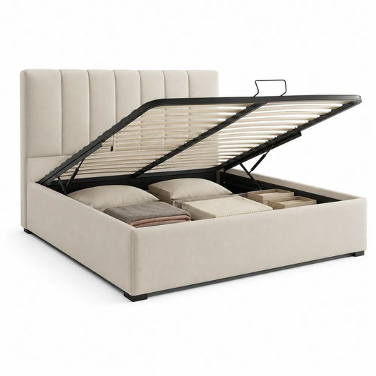 Lit coffre double 160 x 200 cm en tissu beige avec tête de lit rembourrée et sommier à lattes relevable
