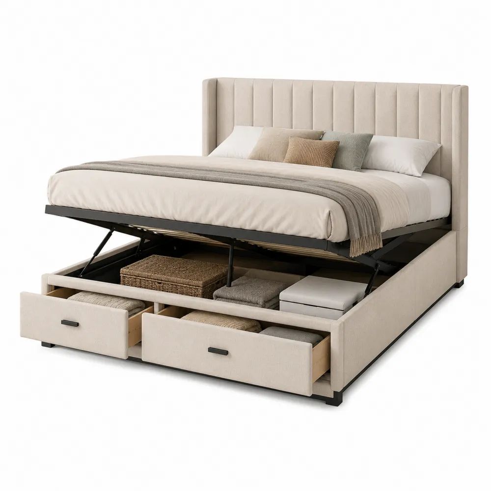 Lit coffre rectangulaire 160 x 200 cm, dimensions 174 x 218 x 118 cm, sommier relevable, 2 tiroirs, cadre en acier et revêtement polyester beige/noir