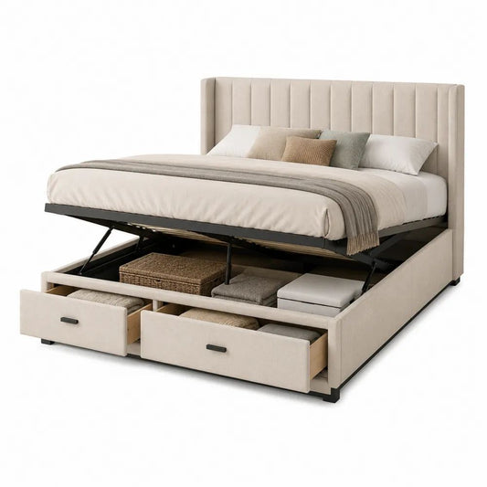 Lit coffre rectangulaire 160 x 200 cm, dimensions 174 x 218 x 118 cm, sommier relevable, 2 tiroirs, cadre en acier et revêtement polyester beige/noir