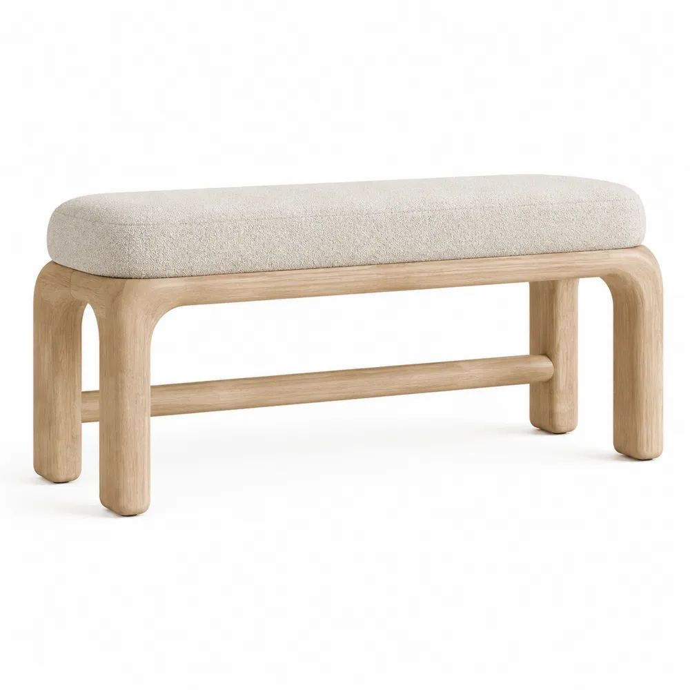 Banc rembourré rectangulaire en chêne massif et tissu bouclé écru, 120 × 40 × 48 cm