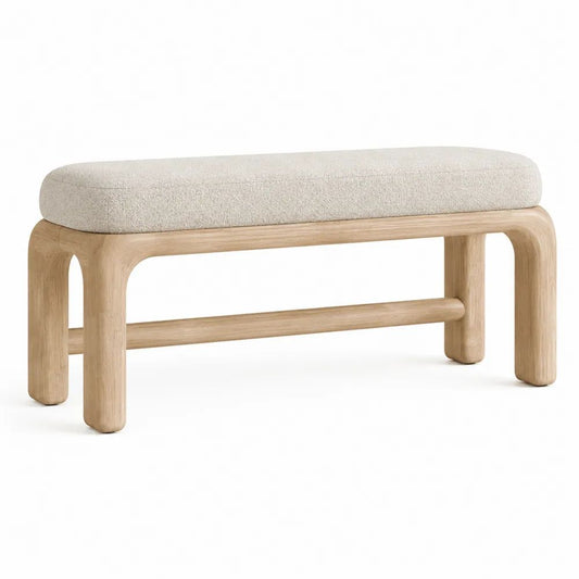 Banc rembourré rectangulaire en chêne massif et tissu bouclé écru, 120 × 40 × 48 cm