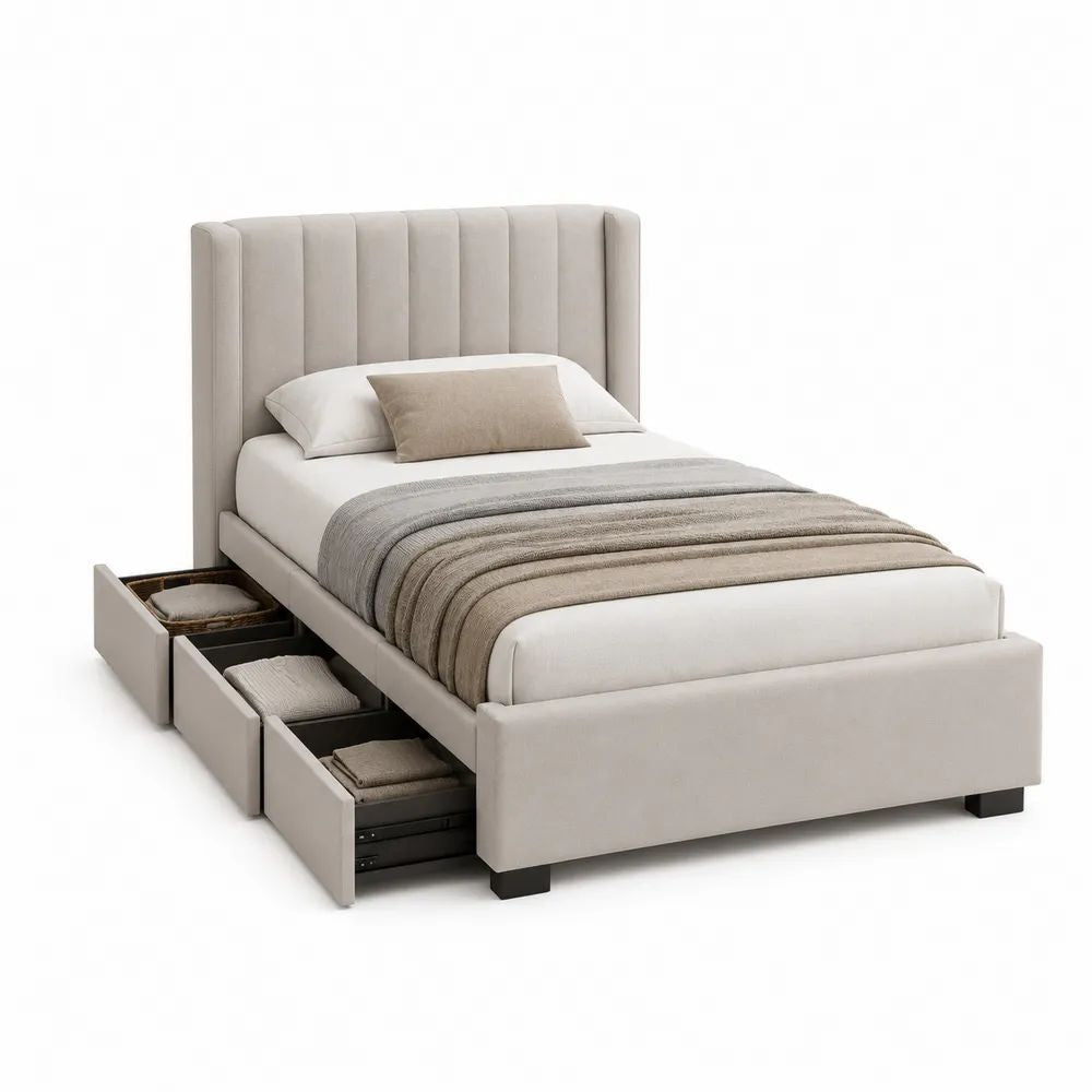 Lit double rembourré beige avec 3 tiroirs de rangement, couchage 140 × 190 cm, dimensions 213 × 154 × 122 cm