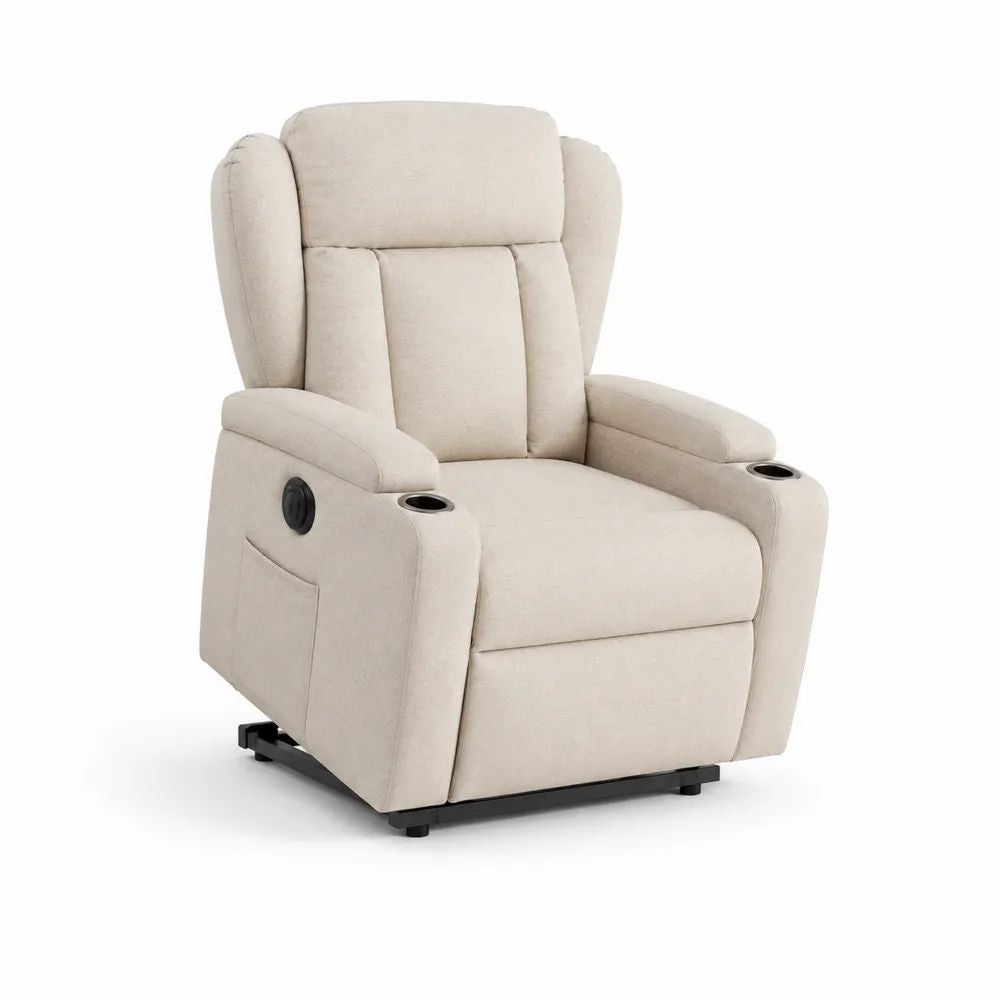 Fauteuil releveur électrique inclinable en tissu beige avec dossier haut et 2 porte-gobelets, 91 × 95 × 105 cm