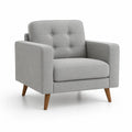 Fauteuil 1 place en tissu gris clair avec dossier capitonné et pieds en bois massif, 88 × 82 × 84 cm
