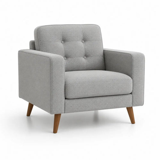 Fauteuil 1 place en tissu gris clair avec dossier capitonné et pieds en bois massif, 88 × 82 × 84 cm