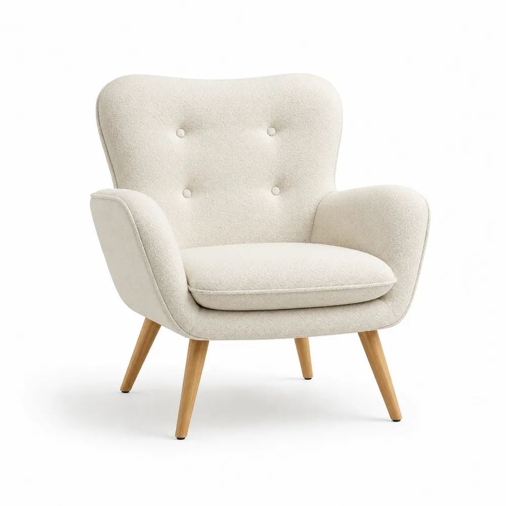 Fauteuil de salon 1 place en tissu bouclé écru avec pieds en bois naturel, 78 × 76 × 82 cm