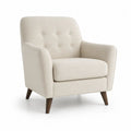 Fauteuil 1 place en tissu beige crème, dossier arrondi capitonné et pieds en bois brun foncé, 78 × 82 × 88 cm