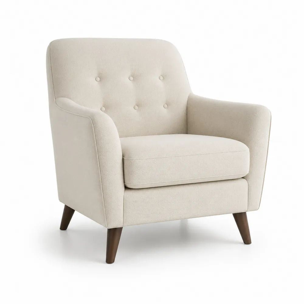 Fauteuil 1 place en tissu beige crème, dossier arrondi capitonné et pieds en bois brun foncé, 78 × 82 × 88 cm