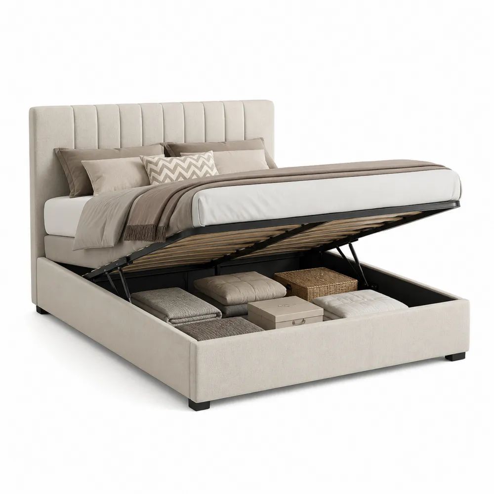 Lit coffre double 160 × 200 cm en polyester beige, dimensions 215 × 170 × 110 cm, sommier relevable et tête de lit rembourrée