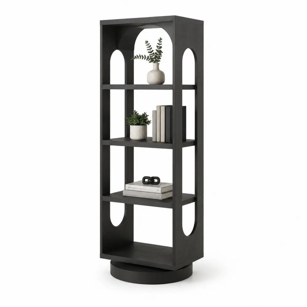 Bibliothèque pivotante sur pied en MDF noir à 4 niveaux avec ouvertures arquées, 50 × 32 × 158 cm