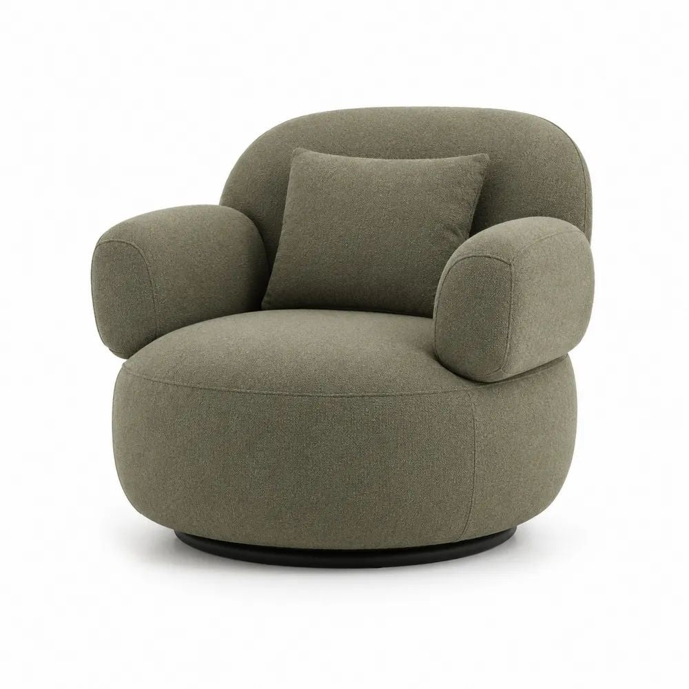 Fauteuil de salon 1 place en tissu bouclé vert olive avec coussin, 105 × 96 × 82 cm