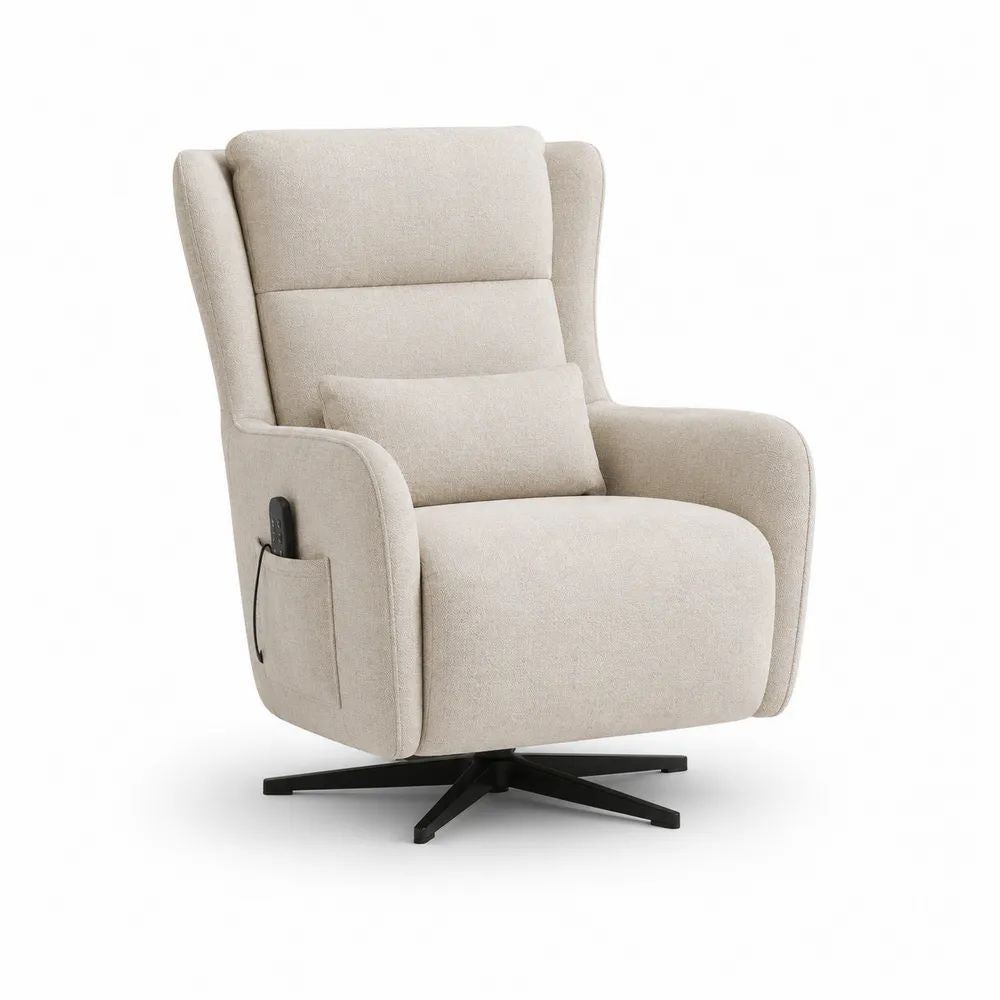 Fauteuil relax électrique pivotant en tissu beige avec base en acier noir, 92 × 96 × 106 cm