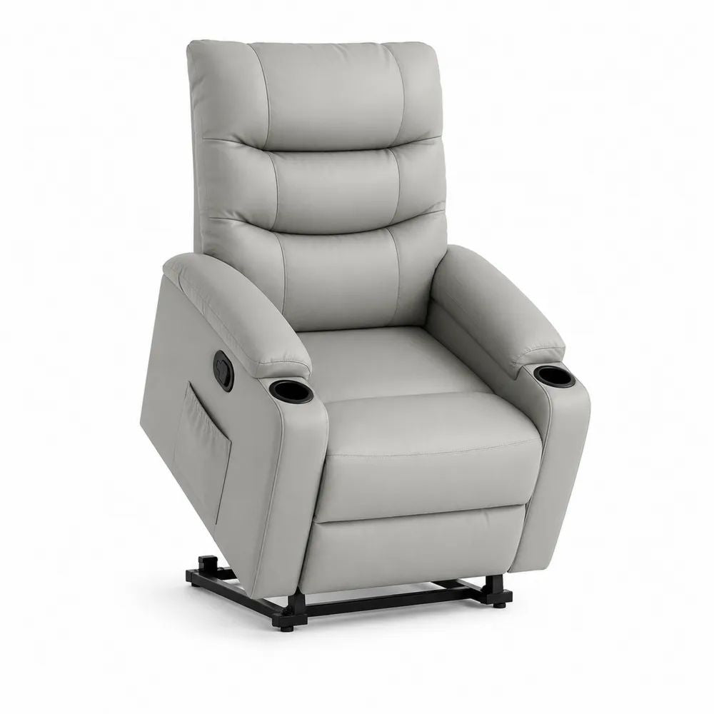 Fauteuil releveur inclinable électrique en cuir synthétique PU gris clair avec dossier haut et 2 porte-gobelets, 86 × 94 × 105 cm