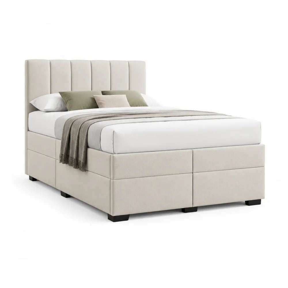 Lit double rembourré en polyester beige 160 × 200 cm avec tête de lit à panneaux verticaux