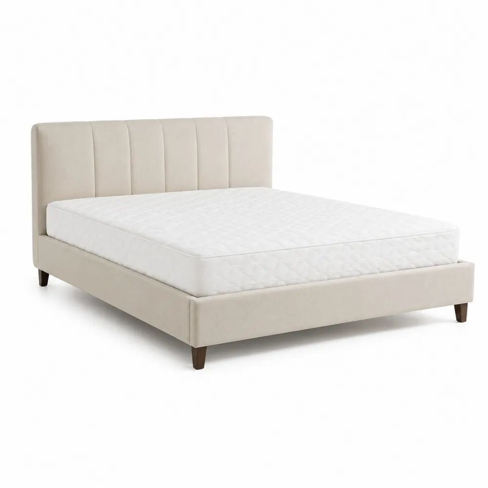 Lit double beige en tissu avec matelas à ressorts ensachés, couchage 160 x 200 cm, dimensions 170 x 215 x 105 cm