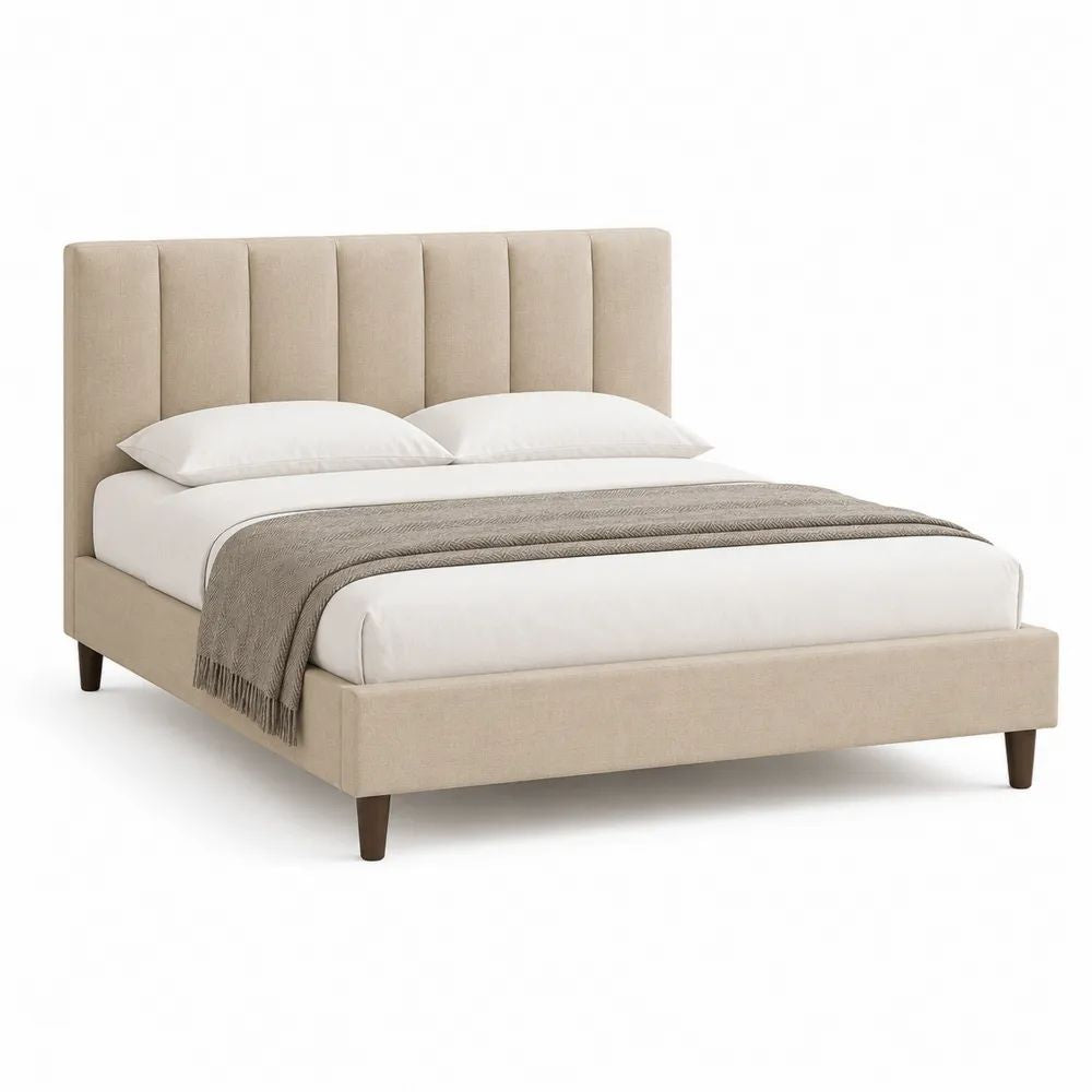 Lit double rembourré 160 x 200 cm en contreplaqué et polyester beige avec tête de lit