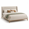 Lit double rembourré beige 160 x 200 cm, cadre en bois avec tête de lit à ailettes, 220 x 183 x 120 cm