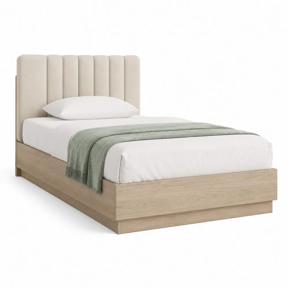 Lit simple 90 x 190 cm en bois effet chêne clair avec tête de lit rembourrée en tissu beige