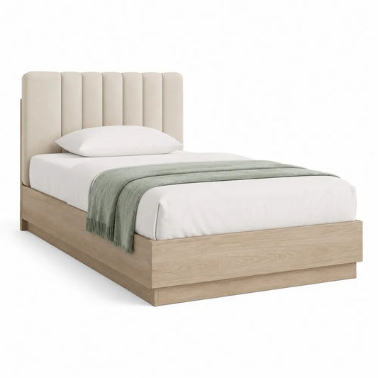 Lit simple 90 x 190 cm en bois effet chêne clair avec tête de lit rembourrée en tissu beige