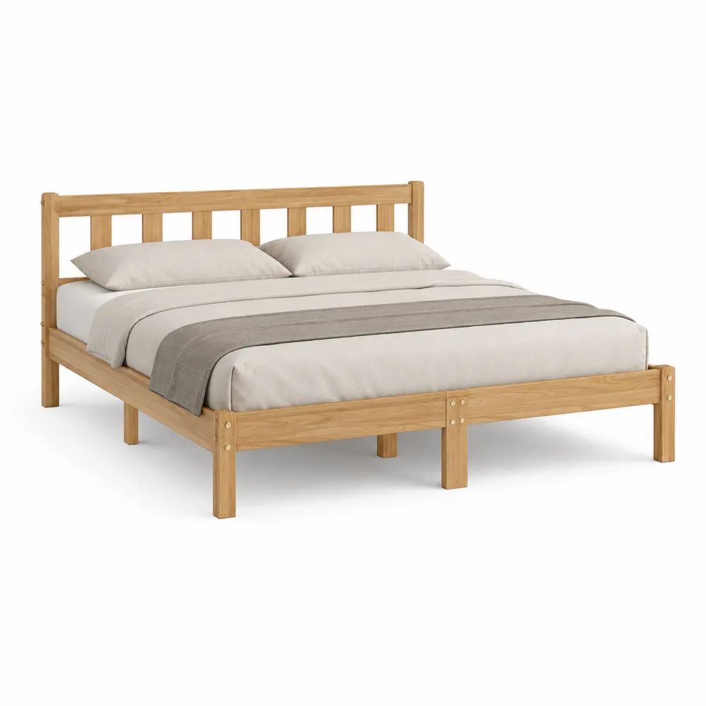 Cadre de lit double 180 x 200 cm en pin massif bois naturel avec tête de lit à barreaux et sommier à lattes