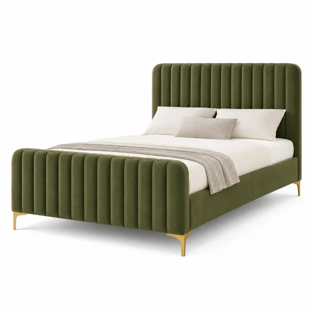 Lit double 160 × 200 cm en velours vert olive, tête et pied de lit capitonnés, pieds en métal doré