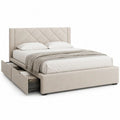 Lit double 160 x 200 cm en tissu beige avec tête de lit capitonnée, sommier et 2 tiroirs