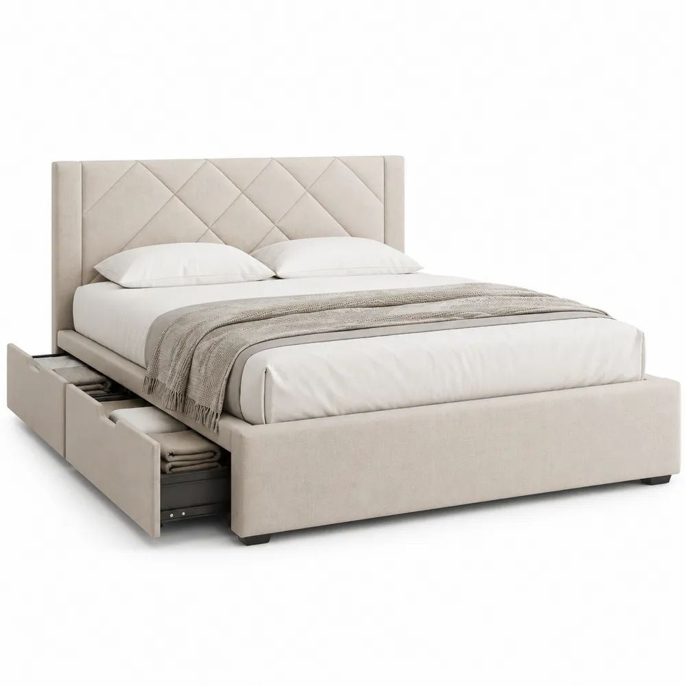Lit double 160 x 200 cm en tissu beige avec tête de lit capitonnée, sommier et 2 tiroirs