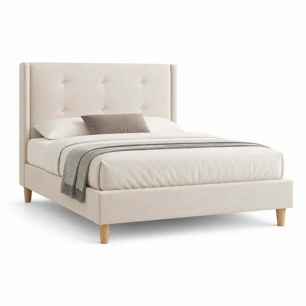 Lit double rembourré en polyester beige avec tête de lit capitonnée, 174 x 216 x 120 cm, couchage 160 x 200 cm
