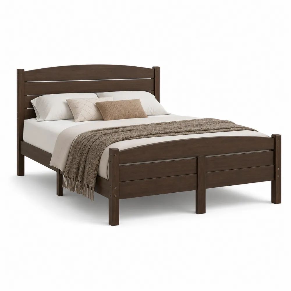 Lit double 160 x 200 cm avec cadre en pin massif, sommier à lattes et tête de lit, brun foncé