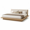 Lit plateforme 2 places 180 × 200 cm en bois, tête de lit rembourrée beige, chêne naturel, 230 × 220 × 100 cm
