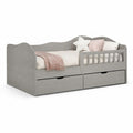 Lit banquette enfant en MDF gris avec barrière et 2 tiroirs, couchage 90 x 190 cm, dimensions 196 x 96 x 78 cm