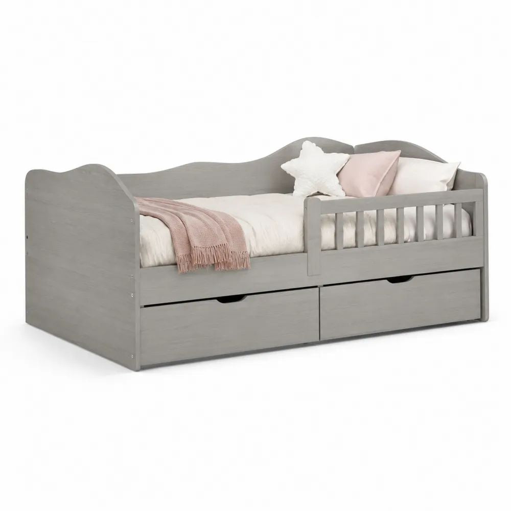 Lit banquette enfant en MDF gris avec barrière et 2 tiroirs, couchage 90 x 190 cm, dimensions 196 x 96 x 78 cm