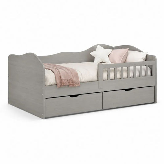 Lit banquette enfant en MDF gris avec barrière et 2 tiroirs, couchage 90 x 190 cm, dimensions 196 x 96 x 78 cm