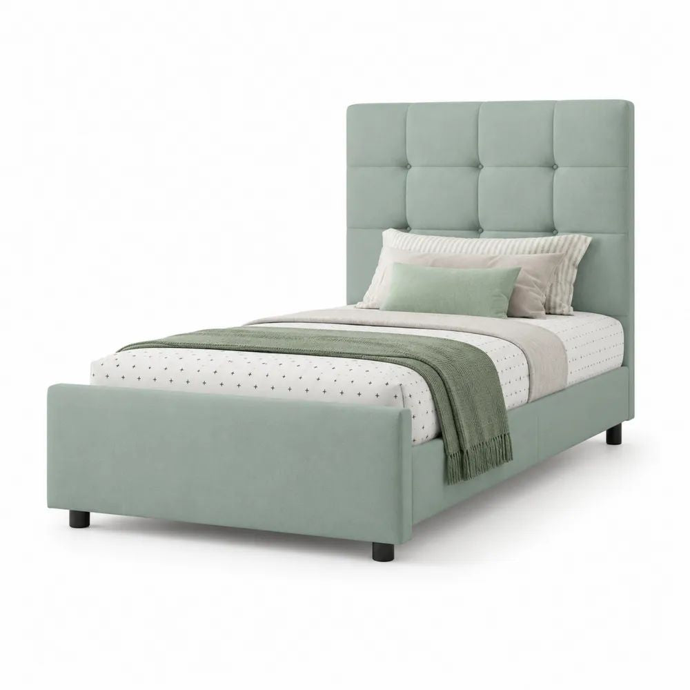 Lit simple rembourré en velours polyester vert sauge avec tête de lit capitonnée, couchage 90 x 190 cm, dimensions 99 x 203 x 150 cm
