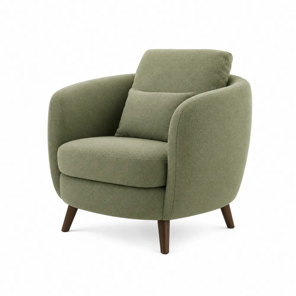 Fauteuil 1 place arrondi en tissu bouclé vert sauge avec pieds en bois massif, 85 × 82 × 86 cm