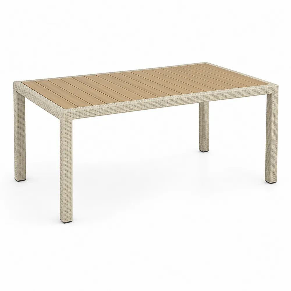 Table de jardin rectangulaire en résine tressée et composite bois-plastique beige et brun, 150 × 90 × 74 cm