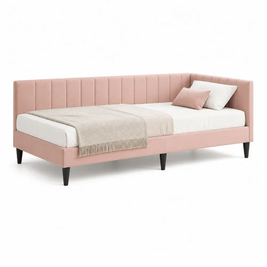 Lit banquette d’angle 1 place en velours rose avec pieds noirs, couchage 90 × 200 cm