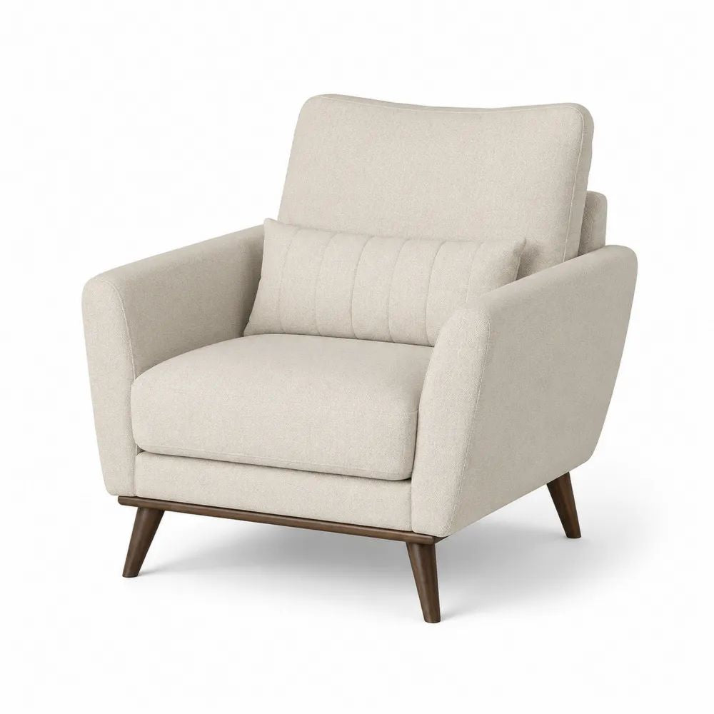 Fauteuil de salon 1 place en tissu avec pieds en bois massif, beige et marron foncé, 82 x 86 x 87 cm