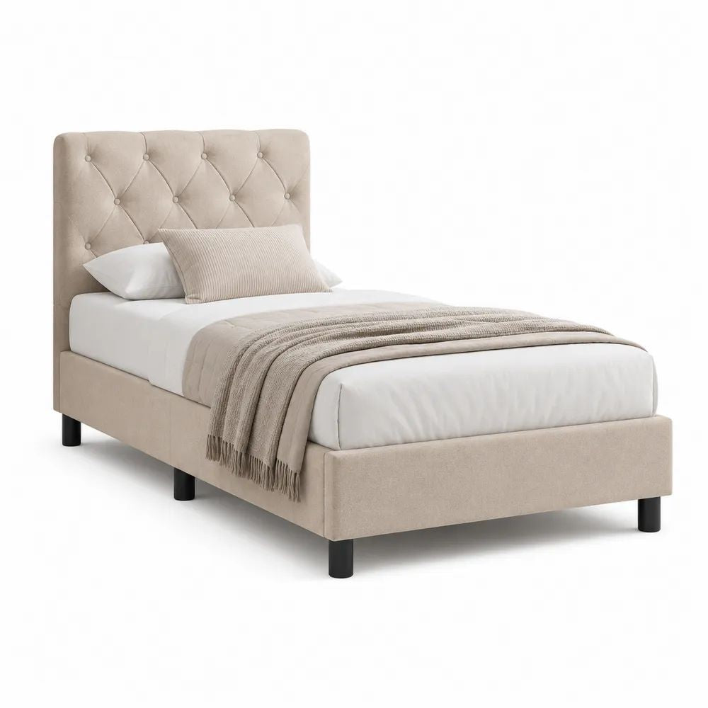 Lit simple rembourré en tissu beige et métal noir avec tête de lit capitonnée, couchage 90 x 190 cm, dimensions 203 x 100 x 110 cm