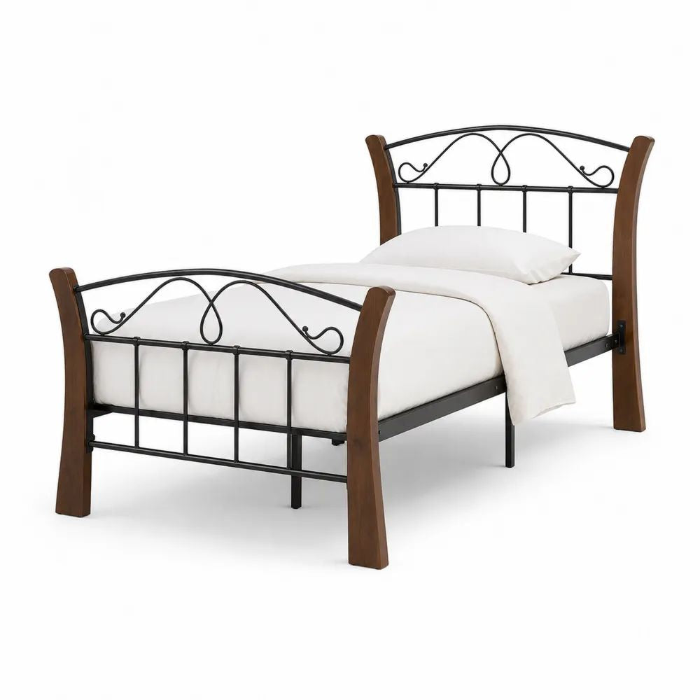 Lit simple 90 x 190 cm avec cadre en acier noir et montants en bois massif brun, 200 x 98 x 105 cm