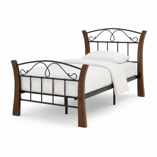 Lit simple 90 x 190 cm avec cadre en acier noir et montants en bois massif brun, 200 x 98 x 105 cm