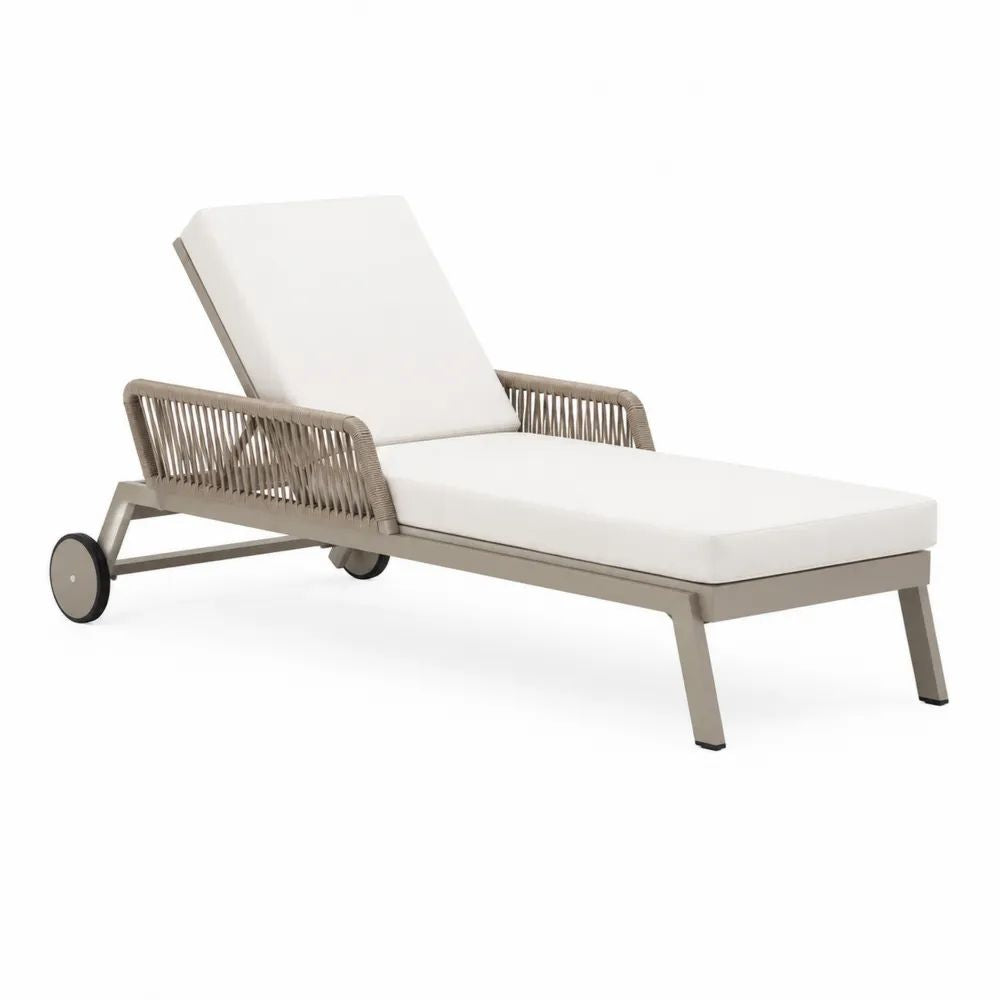 Bain de soleil extérieur en aluminium et polyester, dossier réglable, coussins et roulettes, taupe et blanc cassé, 200 x 75 x 102 cm