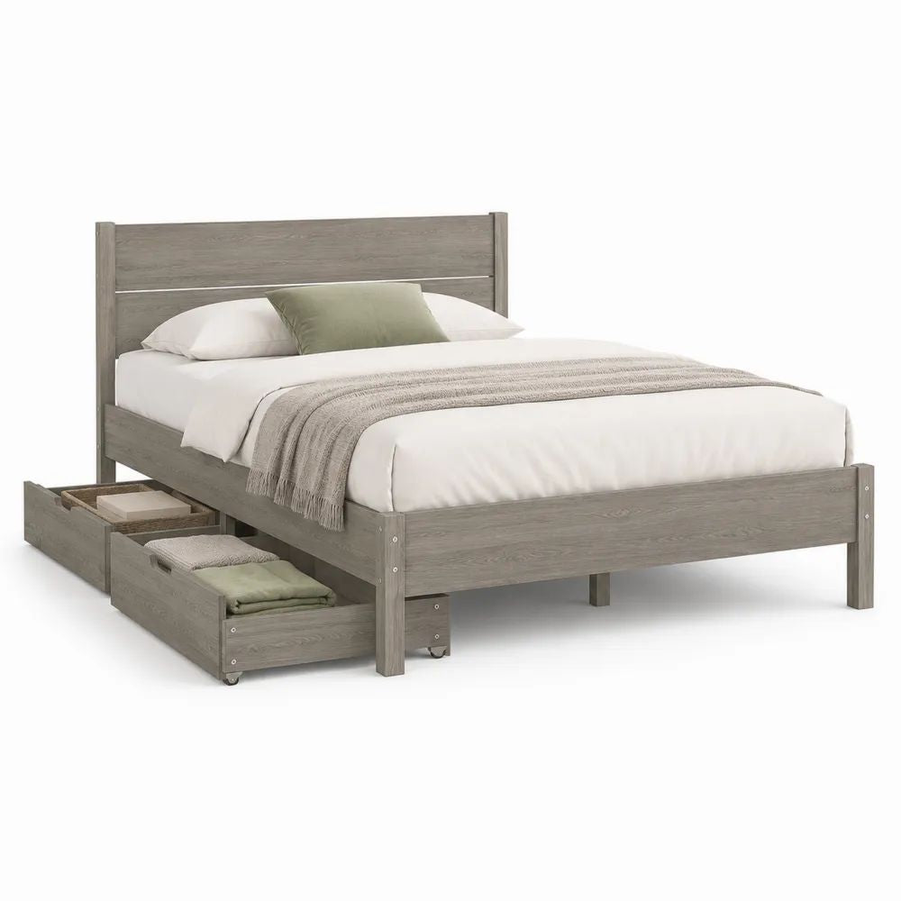 Lit double en bois avec sommier et 2 tiroirs sur roulettes, gris cendré, couchage 160 × 200 cm, dimensions 216 × 167 × 110 cm