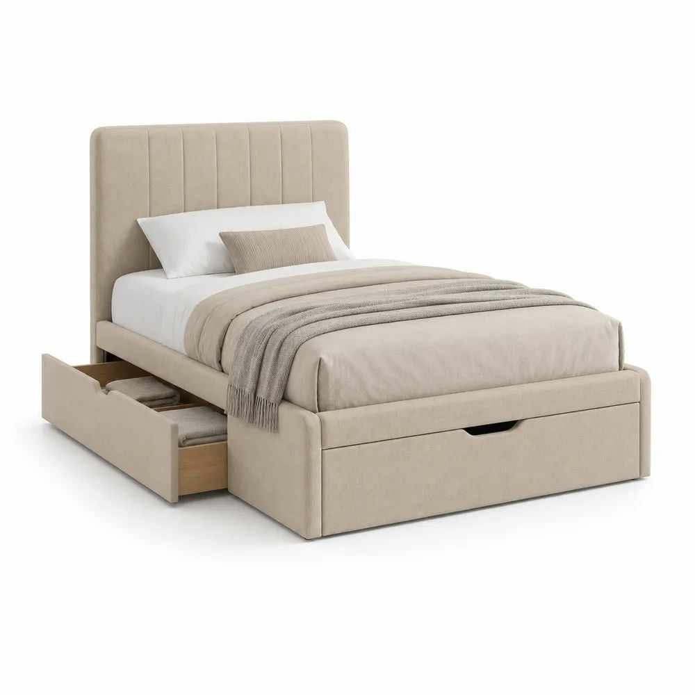Lit double rectangulaire en tissu beige avec tête de lit rembourrée et 3 tiroirs, couchage 140 x 190 cm, dimensions 151 x 205 x 110 cm
